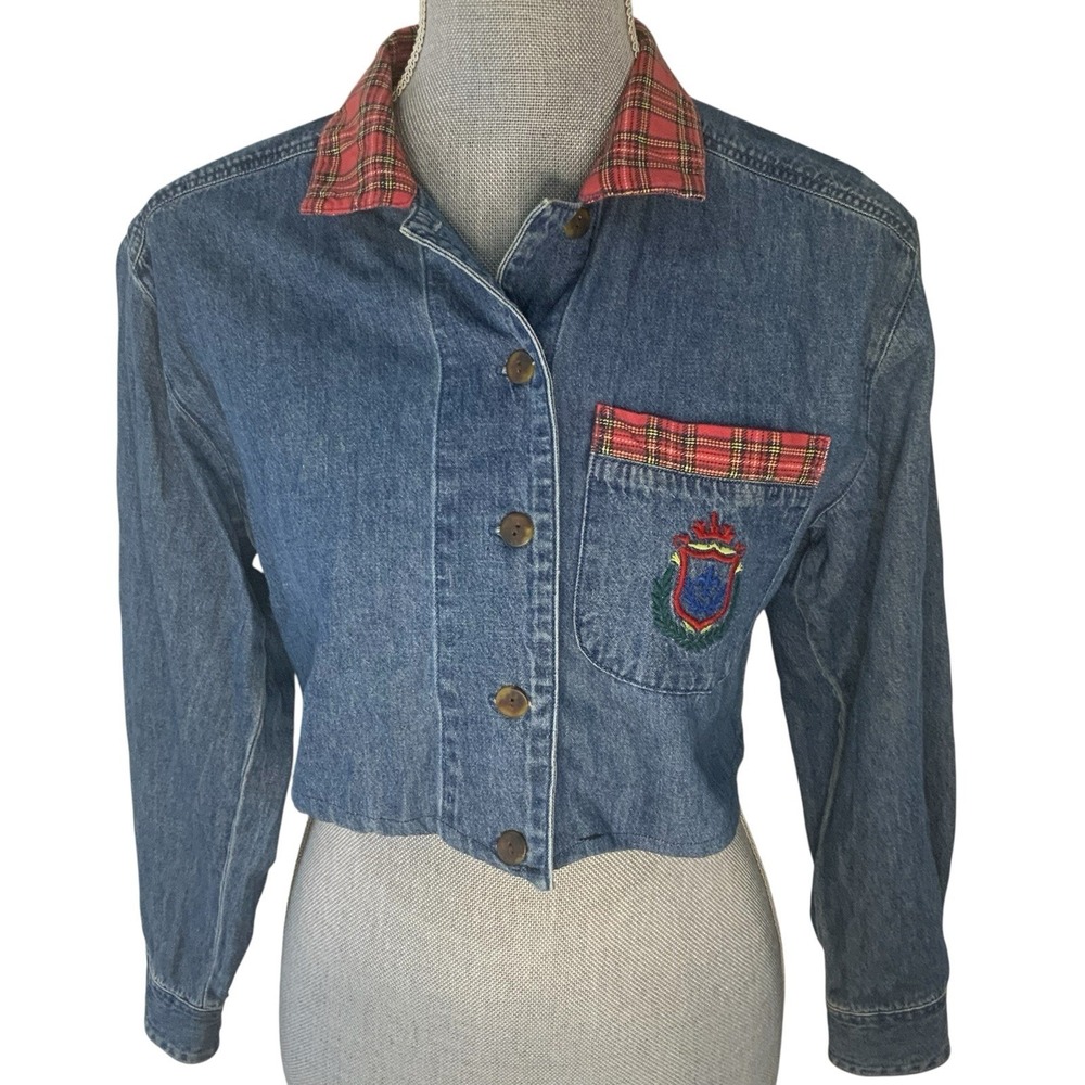 Talbots Petites 4P Upcycled Vintage Cropped Denim Jacket Plaid Collar Crest Blue